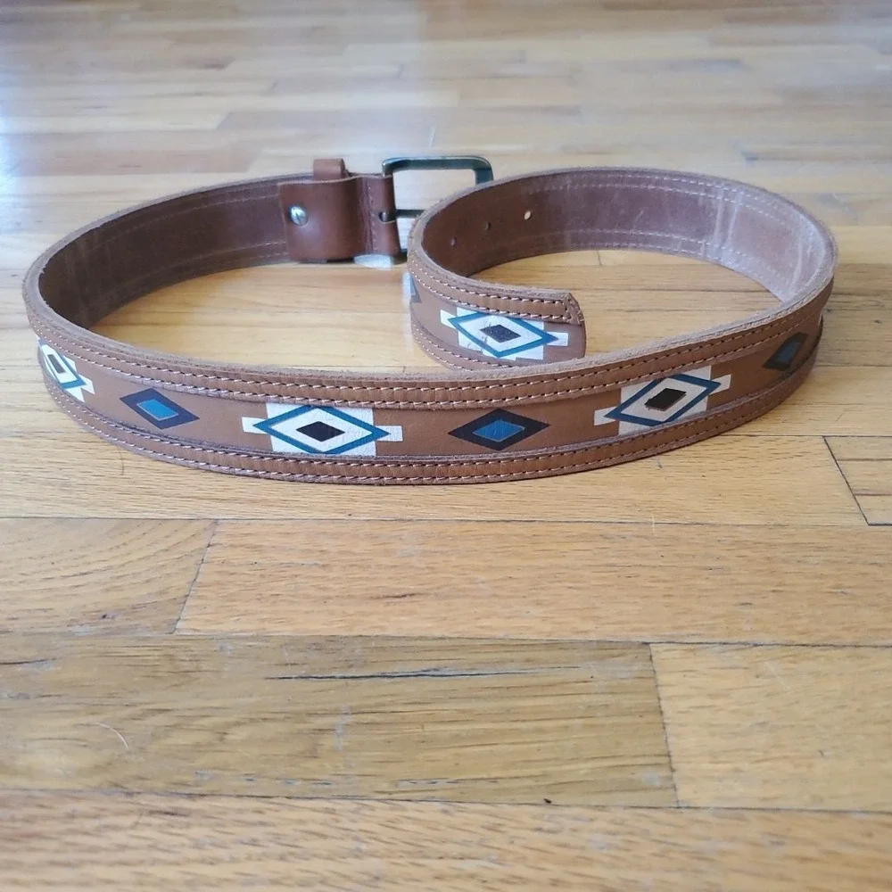 LoveStrength Painted Leather Hip Belt‎ Small Tan Aztec Boho Southwestern NEW